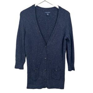 Tommy Hilfiger Navy Speckled Wool Blend Long Button Down Cardigan Sweater Medium